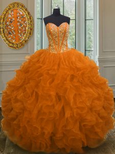 Fantastic Orange Red Sleeveless Floor Length Beading and Ruffles Lace Up Sweet 16 Dress