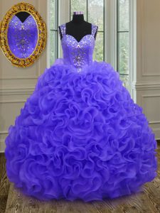 Dynamic Purple Ball Gowns Straps Sleeveless Organza Floor Length Zipper Beading and Ruffles Quinceanera Gowns
