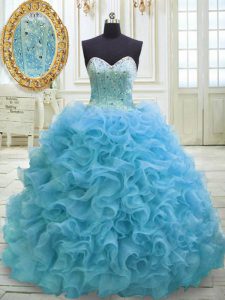 Sequins Sweetheart Sleeveless Sweep Train Lace Up 15th Birthday Dress Baby Blue Organza