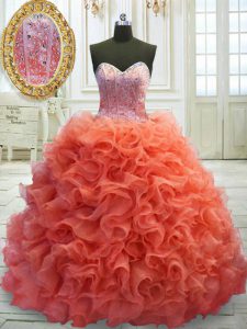 Fashionable Sweetheart Sleeveless Organza Quinceanera Dress Beading and Ruffles Sweep Train Lace Up