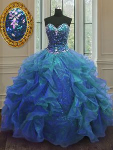 Blue Lace Up Sweetheart Beading and Ruffles Quinceanera Dresses Organza and Sequined Sleeveless