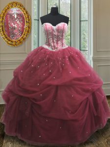 Burgundy Organza Lace Up Quinceanera Dress Sleeveless Floor Length Sequins and Pick Ups