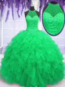 Fancy Organza Lace Up High-neck Sleeveless Floor Length 15th Birthday Dress Beading and Ruffles