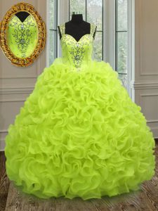 Suitable Yellow Green Straps Zipper Beading and Ruffles 15th Birthday Dress Sleeveless