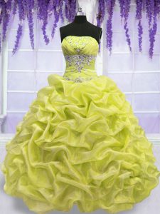 Modern Strapless Sleeveless Lace Up Sweet 16 Quinceanera Dress Yellow Green Organza