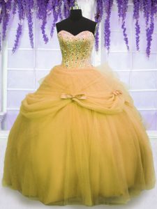 Gold Sleeveless Beading and Bowknot Floor Length Quinceanera Gown