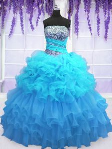 Aqua Blue Ball Gowns Beading and Ruffled Layers and Pick Ups Sweet 16 Dress Lace Up Organza Sleeveless Floor Length