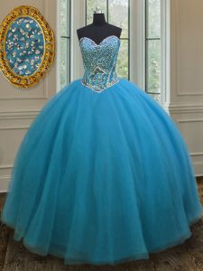 Extravagant Sleeveless Tulle Floor Length Lace Up Ball Gown Prom Dress in Teal with Beading