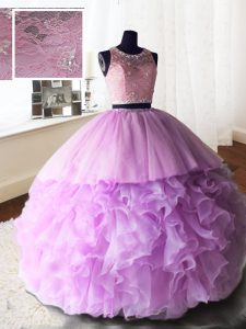 Flirting Scoop Lilac Organza and Tulle and Lace Zipper Ball Gown Prom Dress Sleeveless With Brush Train Beading and Lace