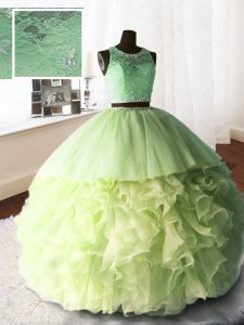 Perfect Scoop Sleeveless Brush Train Beading and Lace and Ruffles Zipper Quince Ball Gowns
