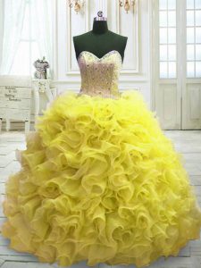 Best Selling Yellow Ball Gowns Organza Sweetheart Sleeveless Beading and Ruffles Lace Up Sweet 16 Dress Sweep Train