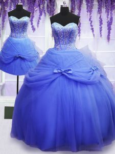 Exceptional Three Piece Sweetheart Sleeveless Lace Up Vestidos de Quinceanera Blue Tulle