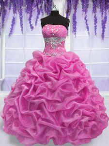 Excellent Strapless Sleeveless Quinceanera Gown Floor Length Beading Rose Pink Organza