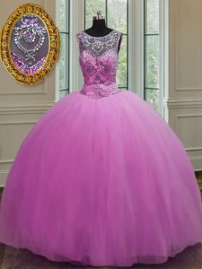 Luxurious Scoop Floor Length Lace Up Sweet 16 Dress Lilac for Military Ball and Sweet 16 and Quinceanera with Beading