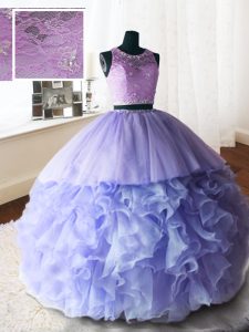 Stylish Scoop Organza and Tulle and Lace Sleeveless With Train 15 Quinceanera Dress Brush Train and Beading and Lace and