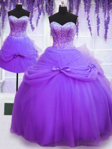 Three Piece Purple Lace Up 15th Birthday Dress Beading and Bowknot Sleeveless Floor Length