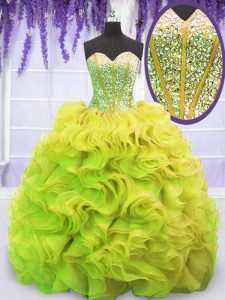 Low Price Yellow Green Sleeveless Beading and Ruffles Lace Up Quinceanera Dress