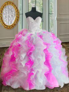 Elegant Pink And White Sleeveless Beading and Ruffles Floor Length Quinceanera Gowns
