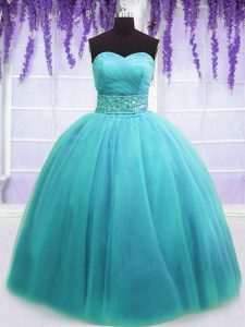 Charming Floor Length Blue Quinceanera Gown Tulle Sleeveless Belt