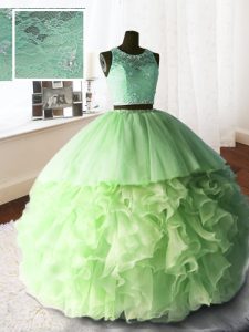 Scoop Sleeveless Organza and Tulle and Lace Brush Train Zipper 15 Quinceanera Dress for Military Ball and Sweet 16 and Q