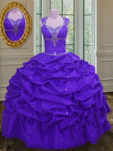 Fitting Straps Sleeveless Taffeta 15 Quinceanera Dress Beading and Pick Ups Lace Up