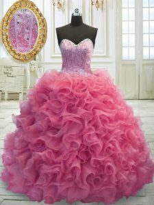 Sweetheart Sleeveless Sweep Train Lace Up Quinceanera Dress Rose Pink Organza