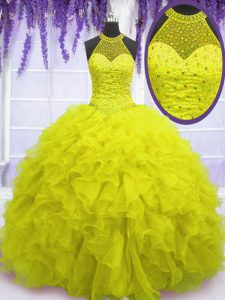 Fashion High-neck Sleeveless Lace Up Sweet 16 Dress Yellow Organza