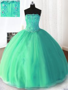 Turquoise Sleeveless Floor Length Beading and Appliques Lace Up 15th Birthday Dress