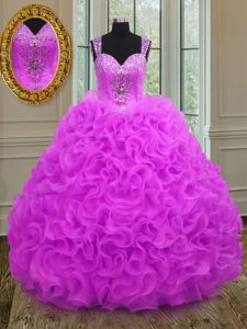 Clearance Straps Sleeveless Organza Floor Length Lace Up Ball Gown Prom Dress in Fuchsia with Beading and Ruffles