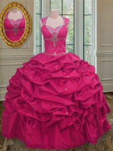 Straps Hot Pink Sleeveless Floor Length Beading and Pick Ups Lace Up 15 Quinceanera Dress