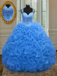 Blue Ball Gowns Straps Sleeveless Organza Floor Length Zipper Beading and Ruffles Quinceanera Dresses