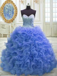 Vintage Ball Gowns Sleeveless Blue Ball Gown Prom Dress Sweep Train Lace Up