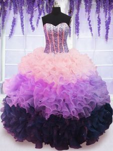 Multi-color Organza Lace Up 15 Quinceanera Dress Sleeveless Floor Length Beading and Ruffles and Ruffled Layers