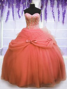 Adorable Watermelon Red Sleeveless Beading and Bowknot Floor Length Quinceanera Dresses