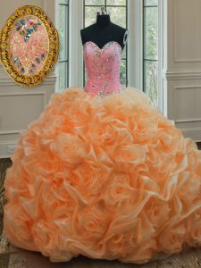 Orange Ball Gowns Beading Quinceanera Dress Lace Up Organza Sleeveless Floor Length