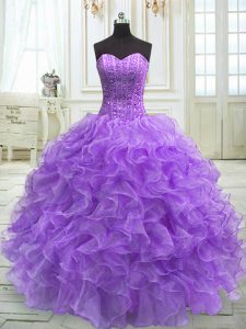 Simple Lavender Ball Gowns Beading and Ruffles Vestidos de Quinceanera Lace Up Organza Sleeveless Floor Length