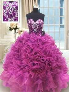 Sumptuous Fuchsia Organza Lace Up Quinceanera Gowns Sleeveless Floor Length Beading and Ruffles