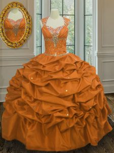 Orange Ball Gown Prom Dress Military Ball and Sweet 16 and Quinceanera and For with Beading and Pick Ups Straps Sleevele
