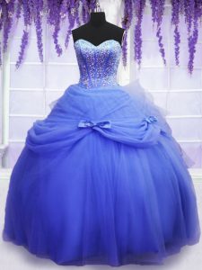 Top Selling Blue Lace Up 15th Birthday Dress Beading and Bowknot Sleeveless Floor Length
