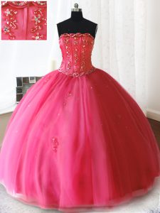 Custom Made Hot Pink Ball Gowns Beading and Appliques Quinceanera Dress Lace Up Tulle Sleeveless Floor Length