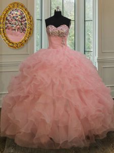 Watermelon Red Ball Gowns Sweetheart Sleeveless Organza Floor Length Lace Up Beading and Ruffles Quince Ball Gowns