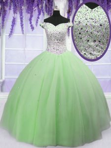 Inexpensive Off The Shoulder Short Sleeves Quinceanera Dresses Floor Length Beading Apple Green Tulle