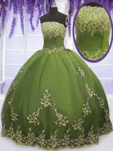 Shining Olive Green Ball Gowns Appliques Quinceanera Dresses Zipper Tulle Sleeveless Floor Length