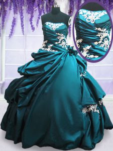 Teal Ball Gowns Appliques and Pick Ups Quinceanera Dresses Lace Up Taffeta Sleeveless Floor Length