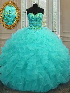 Beauteous Aqua Blue Sweet 16 Dress Military Ball and Sweet 16 and Quinceanera and For with Beading and Ruffles Sweethear