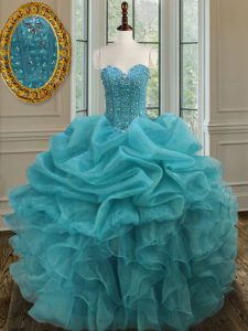 Fabulous Sleeveless Floor Length Beading and Ruffles Lace Up Quinceanera Gowns with Aqua Blue