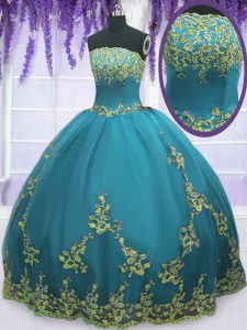 Cute Sleeveless Tulle Floor Length Zipper Ball Gown Prom Dress in Teal with Appliques