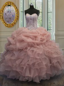 Fashion Baby Pink Ball Gowns Beading and Pick Ups Ball Gown Prom Dress Lace Up Organza Sleeveless Floor Length
