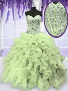 Delicate Beading and Ruffles 15 Quinceanera Dress Yellow Green Lace Up Sleeveless Floor Length