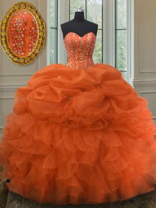 Designer Orange Red Sweetheart Neckline Beading and Ruffles and Pick Ups 15 Quinceanera Dress Sleeveless Lace Up